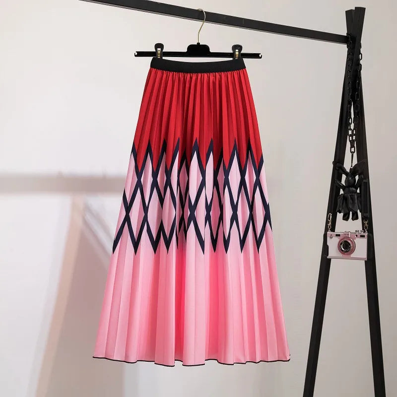 Women’s Cartoon Print Pleated Skirt – High Waist Big Swing Skirt