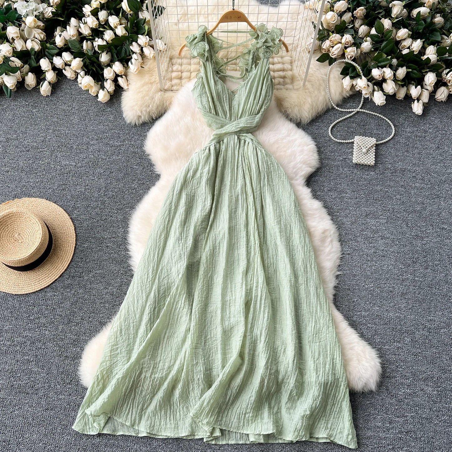 3D Floral Hollow Out Pleated Maxi Dress – Backless Vacation Beach Party Dress