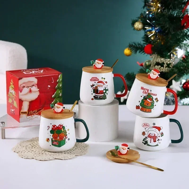 Christmas Ceramic Mug Set with Lid & Spoon – Holiday Edition