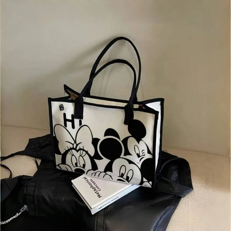 Disney Mickey & Minnie Canvas Tote – Large Capacity Graffiti Style Shoulder Bag for Daily & Student Use