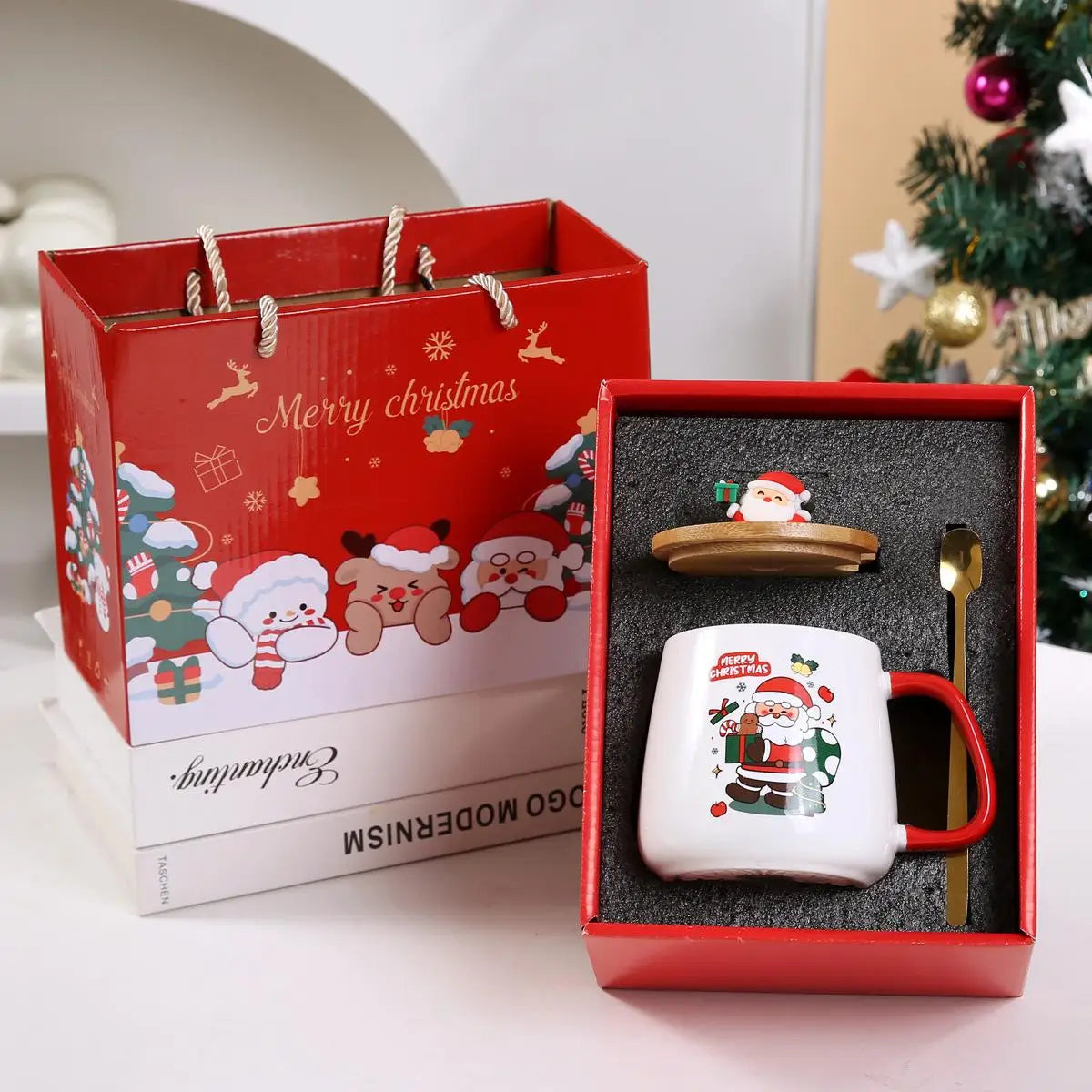 Christmas Ceramic Mug Set with Lid & Spoon – Holiday Edition