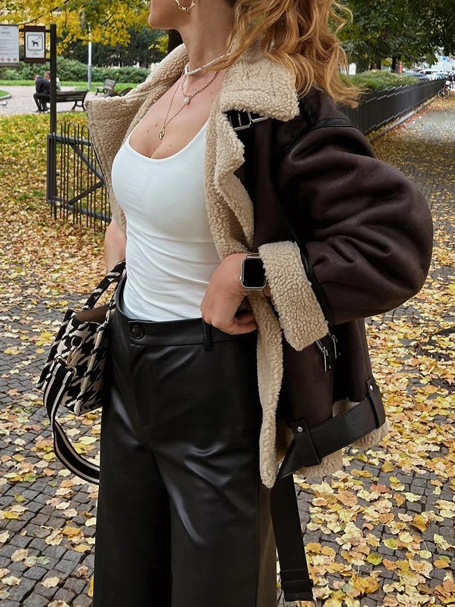 Faux Suede Aviator Jacket with Fur Lining