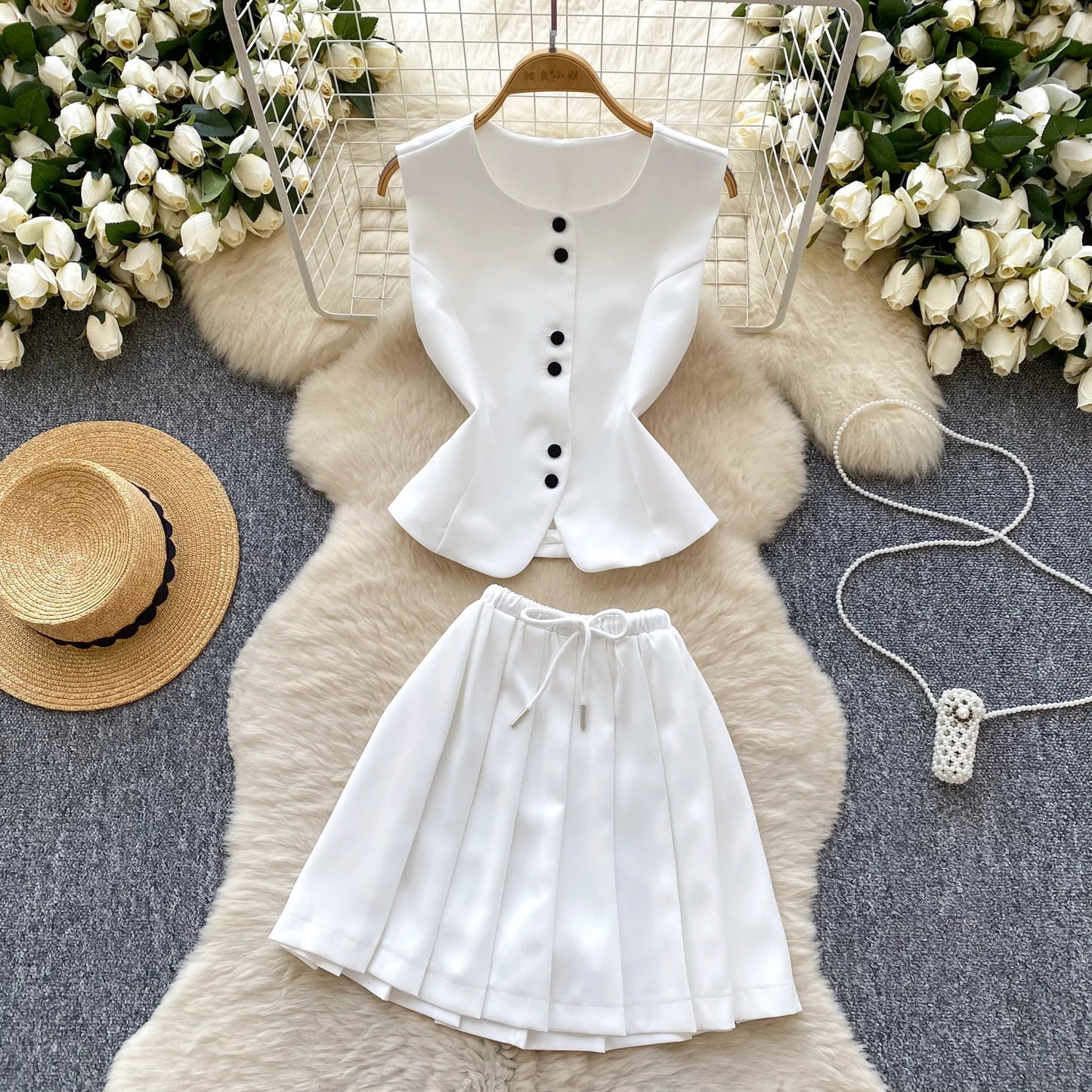SINGREINY Elegant Solid OL Sets Blouse + Pleated Skirt – Two-Piece Suit