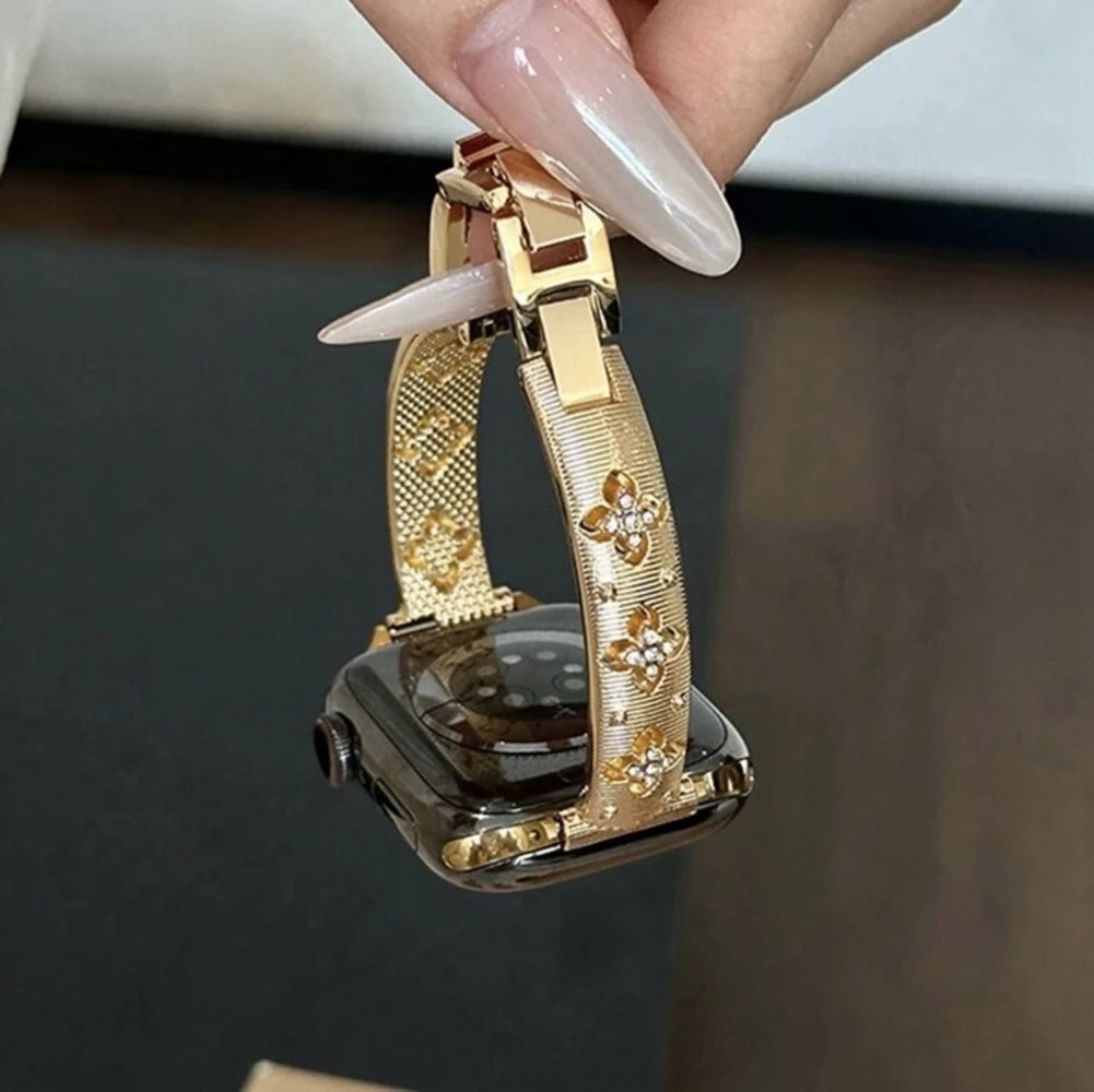 Luxury Bling Gold Stainless Steel Bracelet for Apple Watch – Crystal Decorated Women’s Band