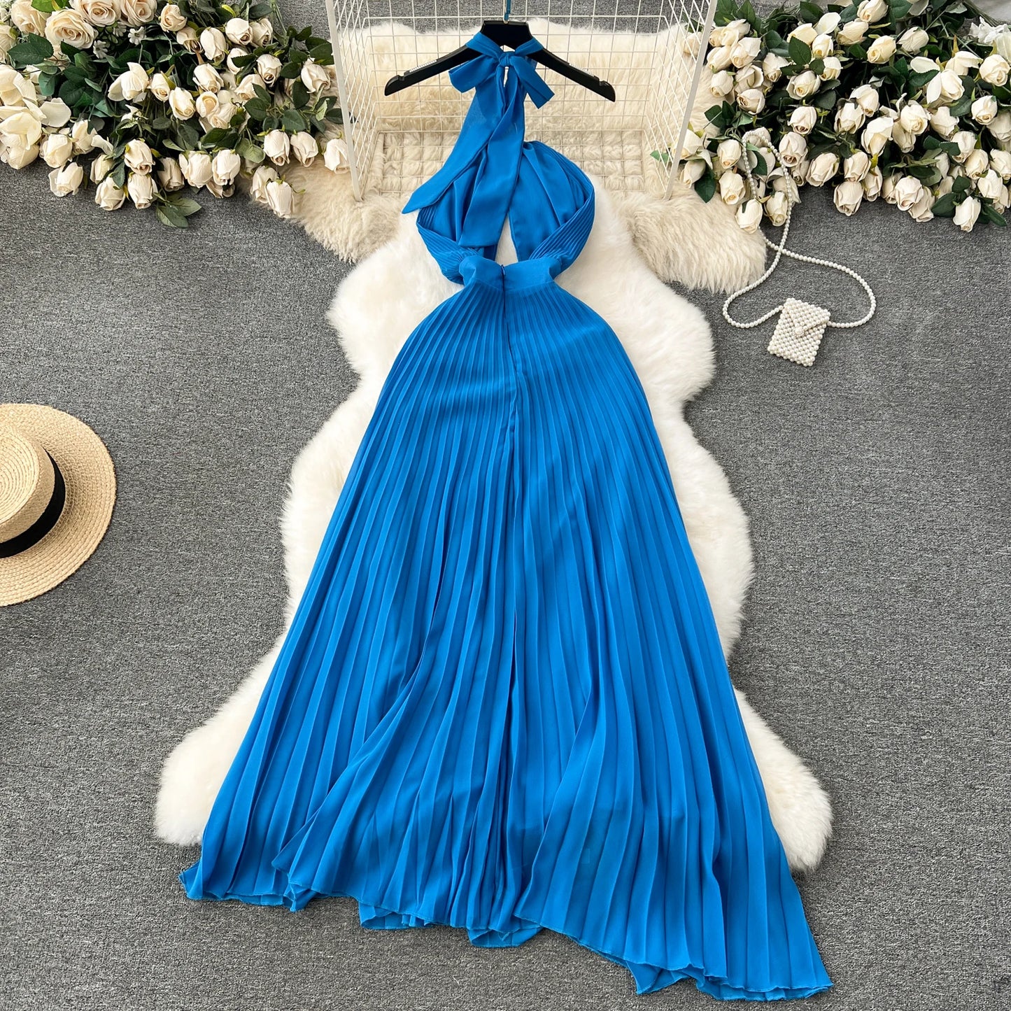 Pleated Halter Neck Vacation Dress – Backless Irregular Chic Beach Party Dress
