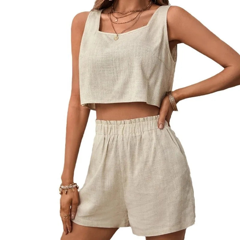 Women’s Cotton Linen Summer Set – Sleeveless Open-Back Top & Shorts