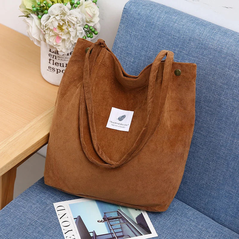 Women’s Cotton Corduroy Shoulder Tote Bag – Reusable Casual Eco Shopping Bag
