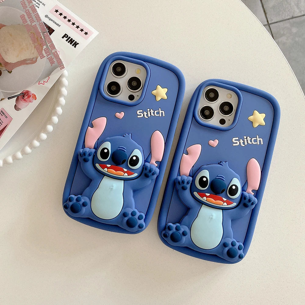 Kawaii 3D Cartoon Stitch Soft Silicone Case with Makeup Mirror & Stand Holder – For iPhone 11 to 16 Pro Max