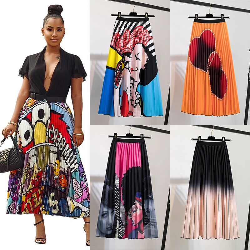 Women’s Cartoon Print Pleated Skirt – High Waist Big Swing Skirt