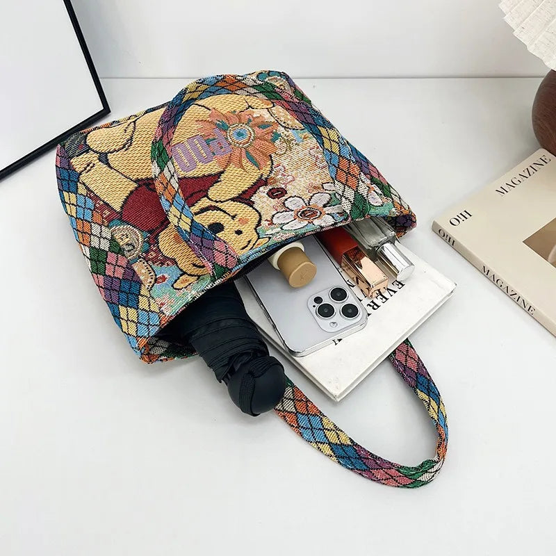 Retro Cartoon Canvas Shoulder Bag – Mickey, Minnie & Pooh Stylish Tote for Shopping & Daily Use