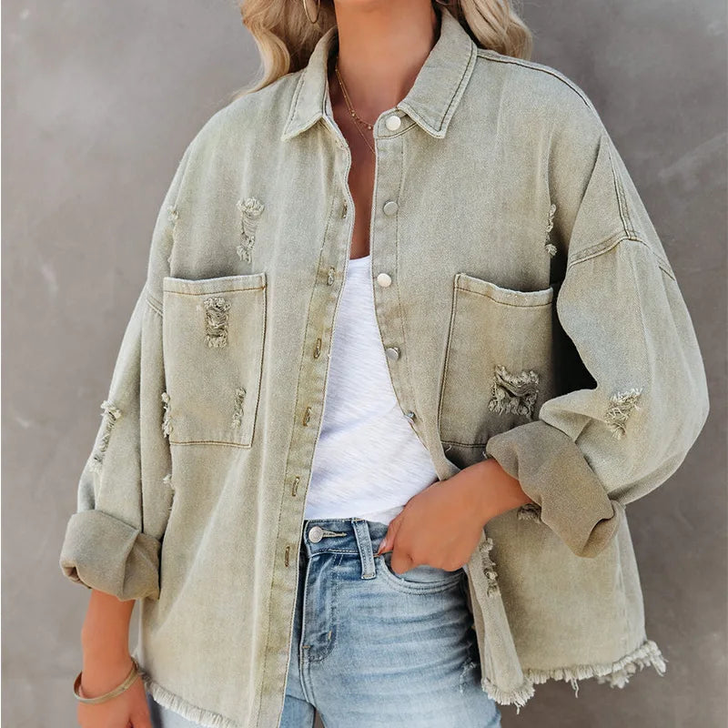 Ripped Denim Jacket with Tassels