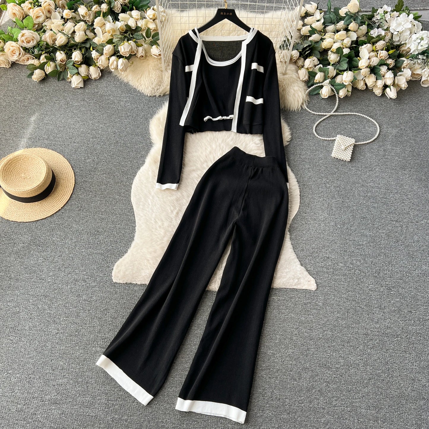 SINGREINY Autumn Knitted 3pcs Set – Slim Tank Top + Long Sleeve Cardigan + Elastic Pants (Brown)