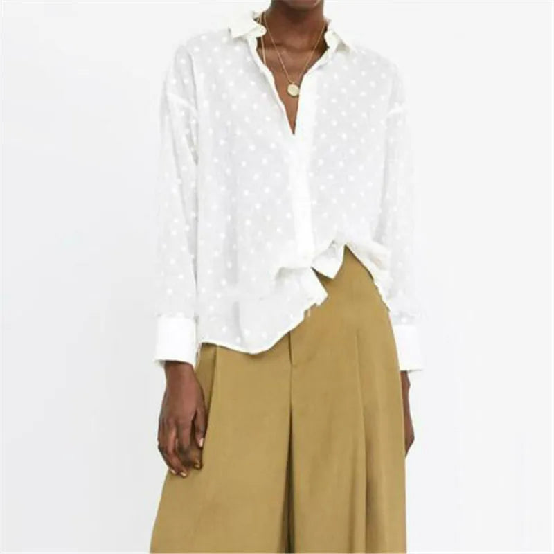 Elegant White Polka Dot Sheer Blouse – Long Sleeve Office & Casual Shirt