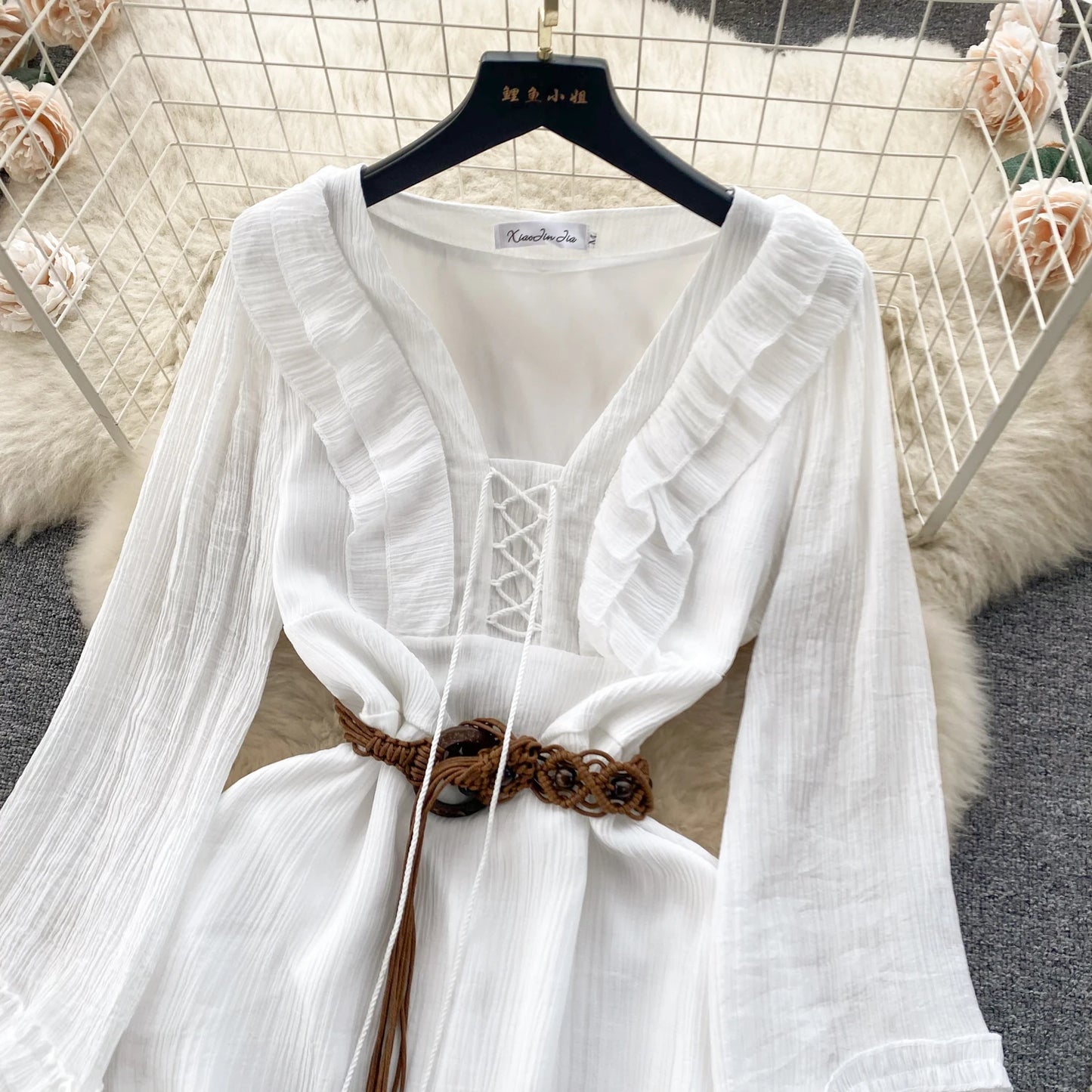 White Boho Ruffle Midi Dress – Lace-Up V-Neck