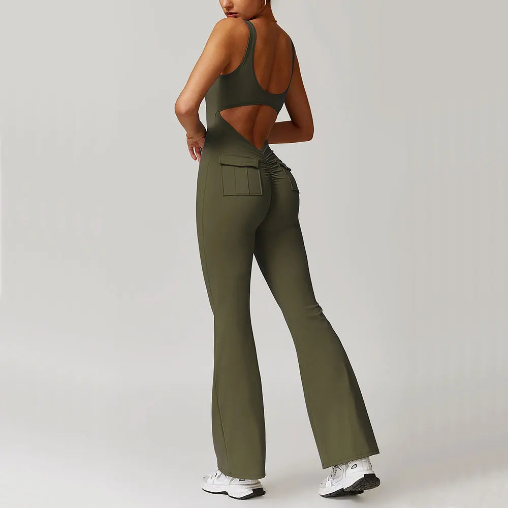 Women's V-Back Pocket Jumpsuit – Flared Leg Fitness Bodysuit