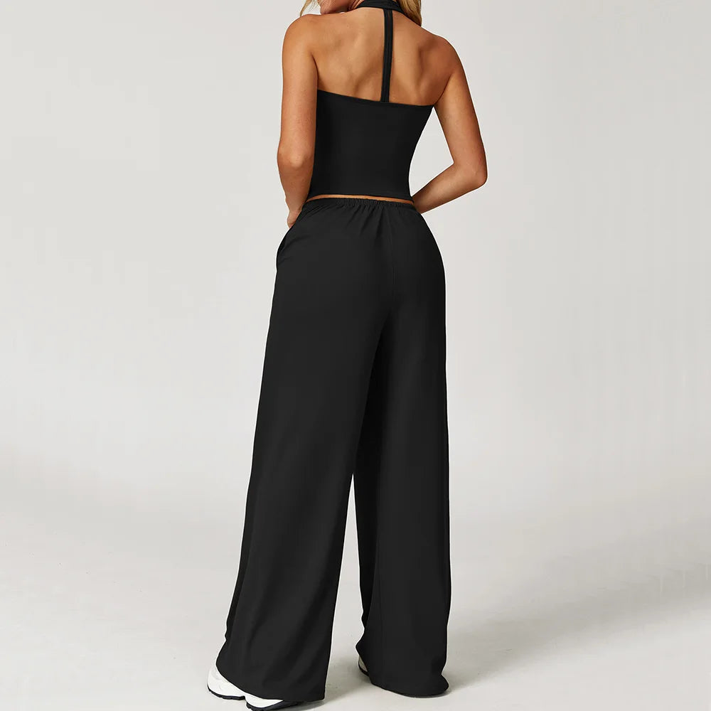 2PCS Women's Yoga Set – Strappy Top with High-Waisted Wide-Leg Pants
