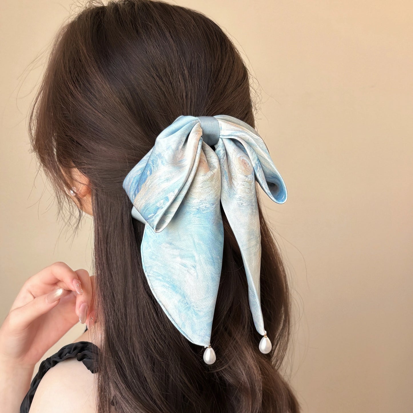 Elegant Blue Satin Bow Hair Scrunchie – Floral Oil Painting Design