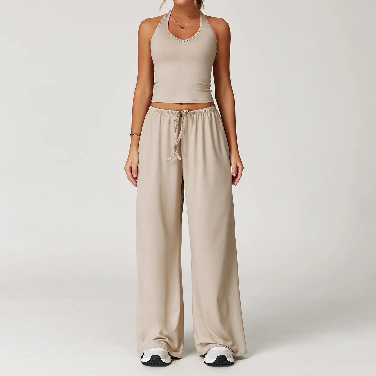 2PCS Women's Yoga Set – Strappy Top with High-Waisted Wide-Leg Pants