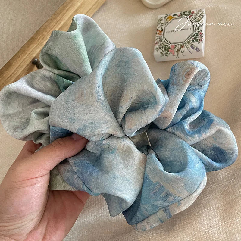 Elegant Blue Satin Bow Hair Scrunchie – Floral Oil Painting Design