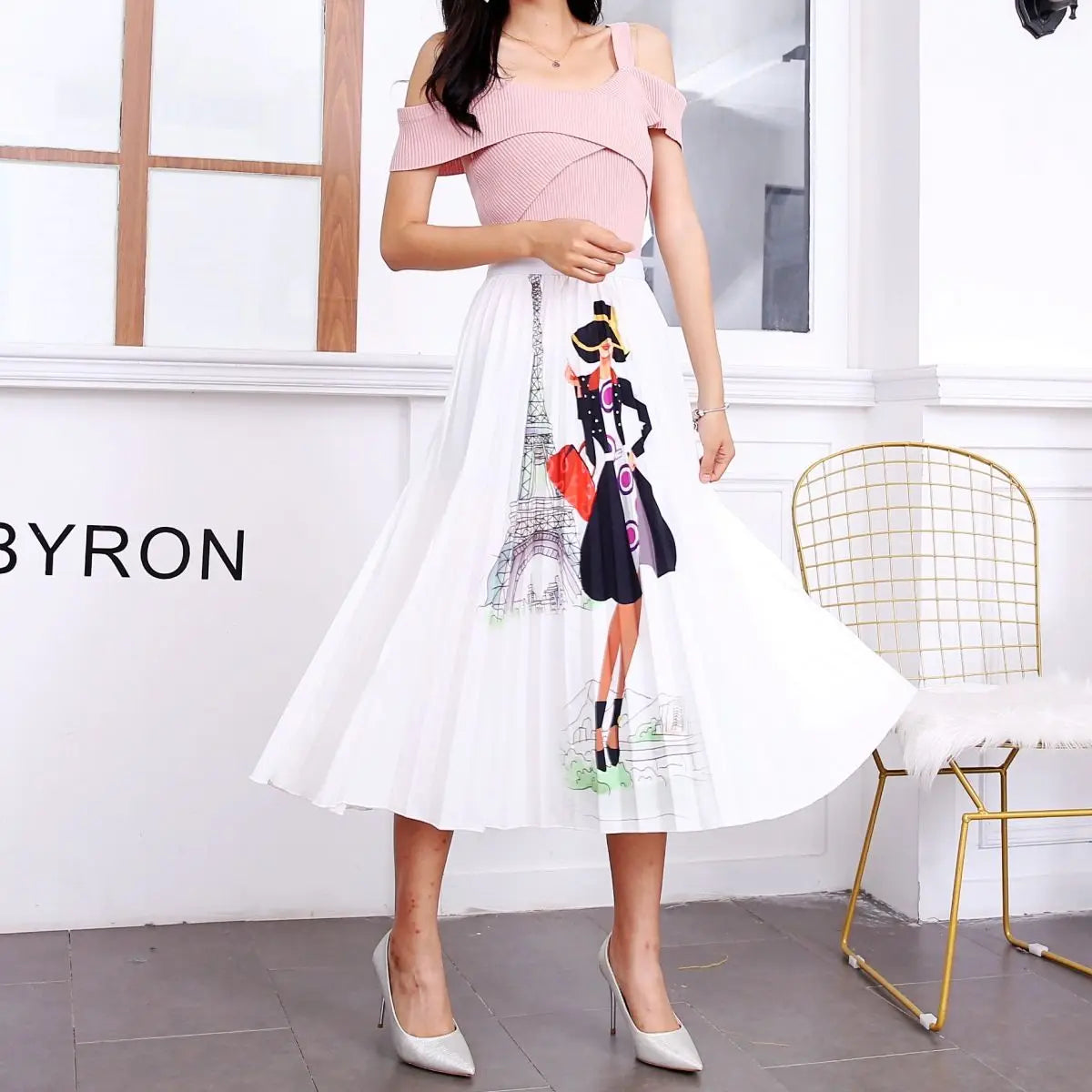 Women’s Cartoon Print Pleated Skirt – High Waist Big Swing Skirt