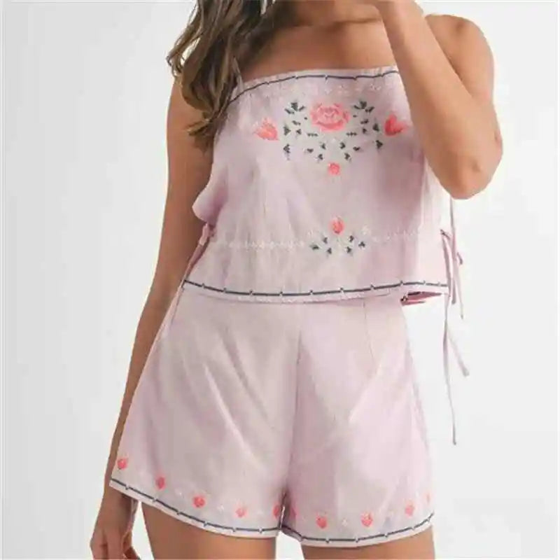 2-Piece Set – Floral Embroidered Crop Cami Top & Shorts
