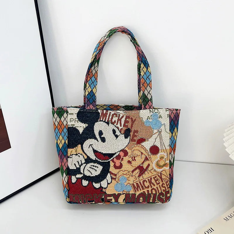 Retro Cartoon Canvas Shoulder Bag – Mickey, Minnie & Pooh Stylish Tote for Shopping & Daily Use