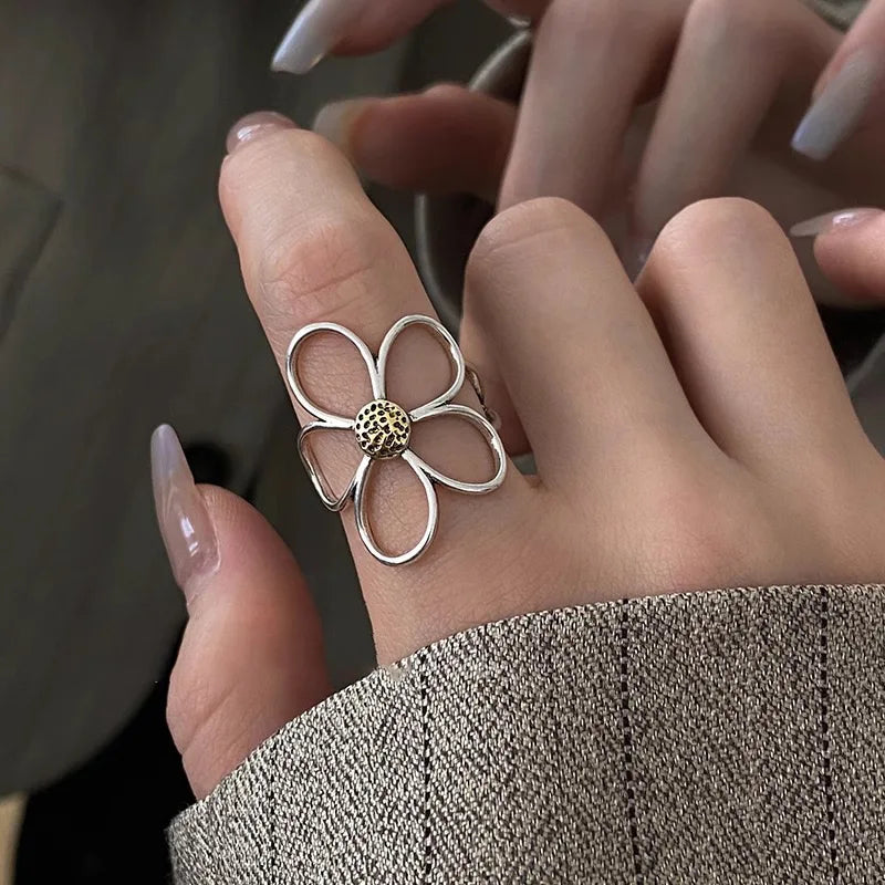 925 Sterling Silver Big Flower Adjustable Ring
