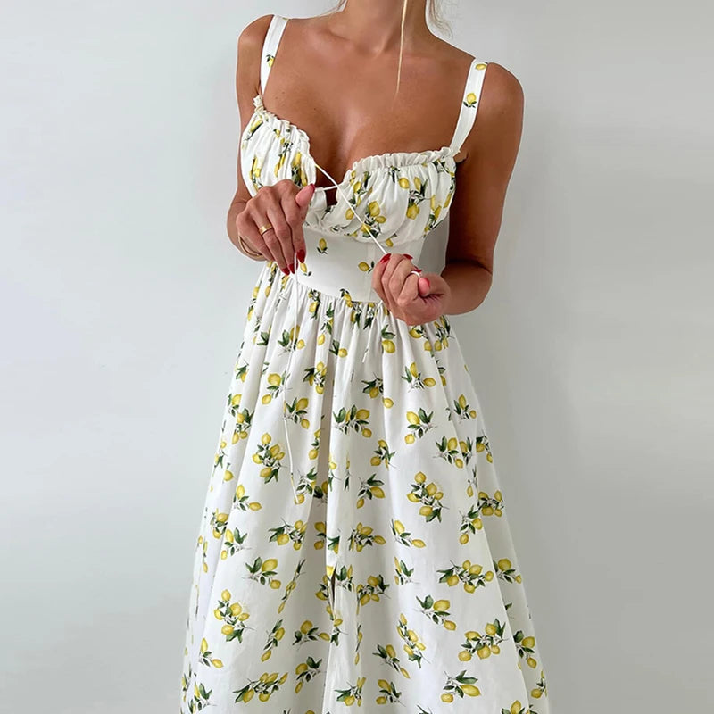 Printed Long Summer Dress with Slit and Spaghetti Straps