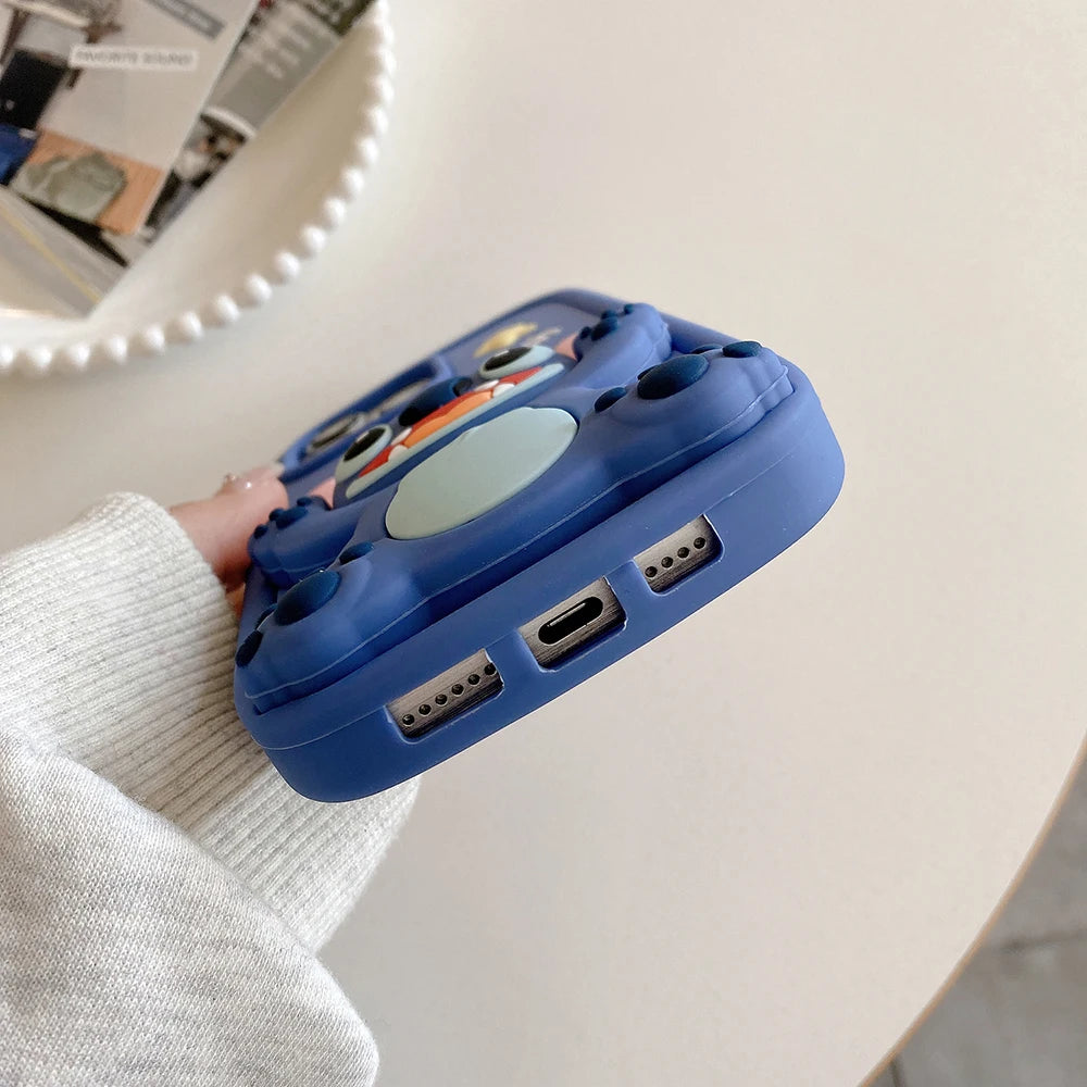 Kawaii 3D Cartoon Stitch Soft Silicone Case with Makeup Mirror & Stand Holder – For iPhone 11 to 16 Pro Max