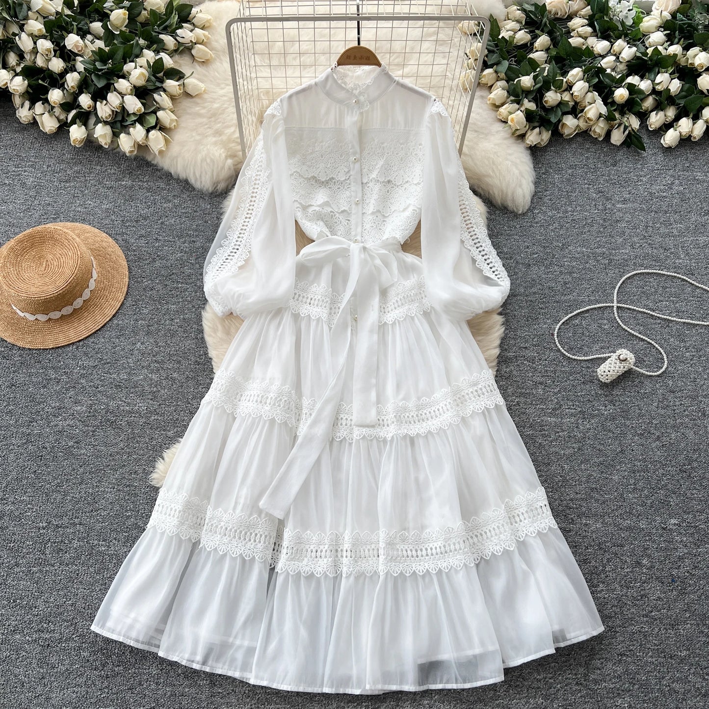 French Vintage Lantern Sleeve Maxi Dress with Lace Details – Elegant Autumn Style