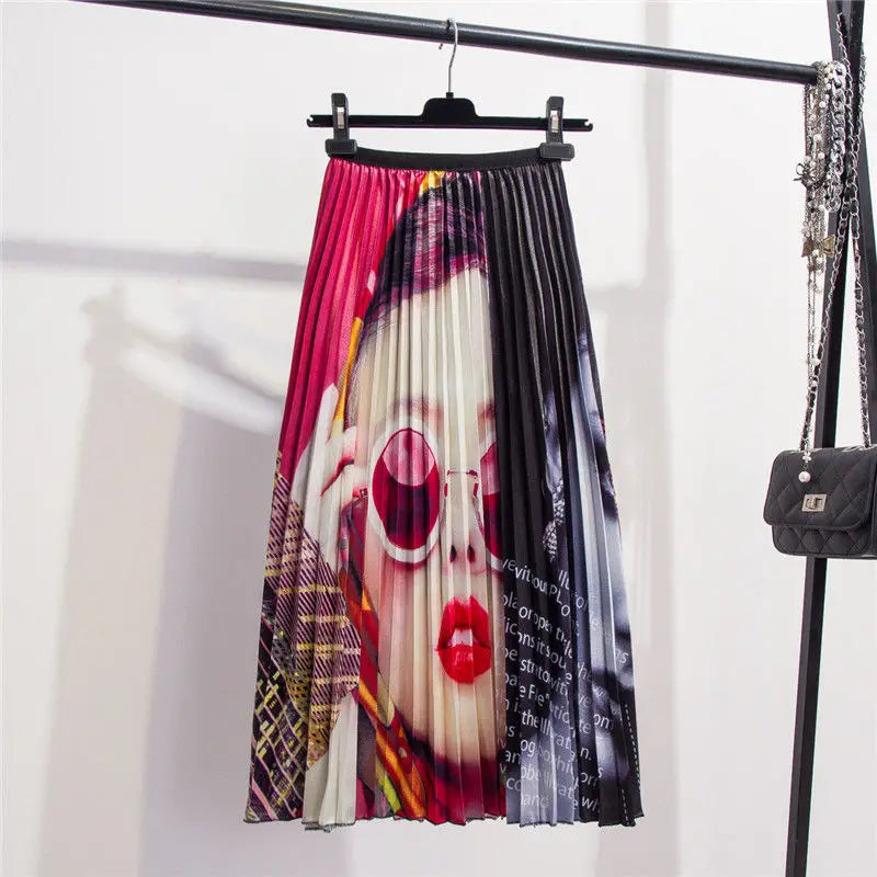 Women’s Cartoon Print Pleated Skirt – High Waist Big Swing Skirt