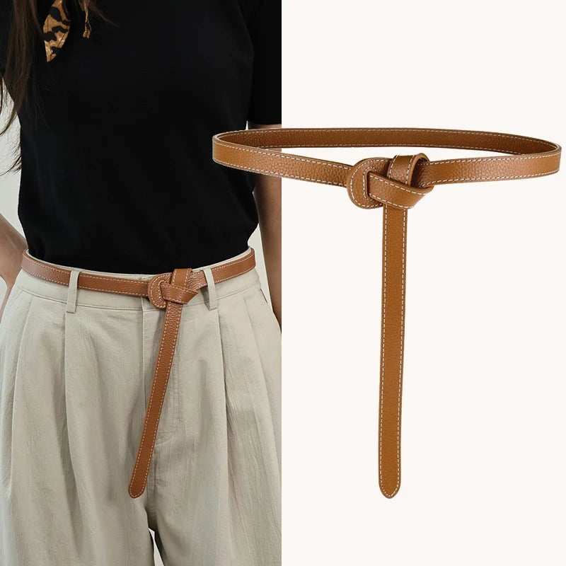 Double-Knotted Thin Leather Belt for Women