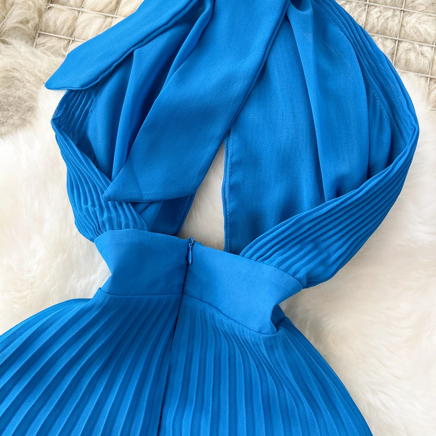 Pleated Halter Neck Vacation Dress – Backless Irregular Chic Beach Party Dress