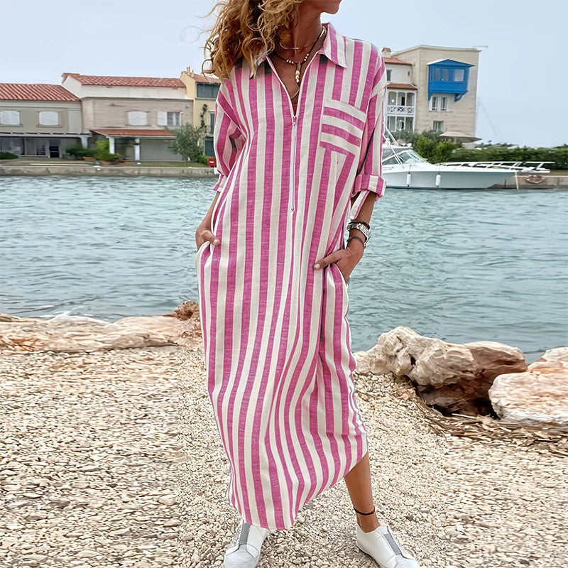Striped Long Shirt Dress with Pockets