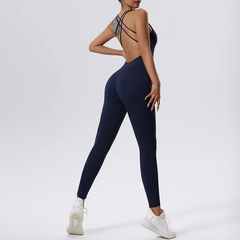 Women’s Stretch Yoga Gym Jumpsuit – Open Back Push-Up Fitness Bodysuit