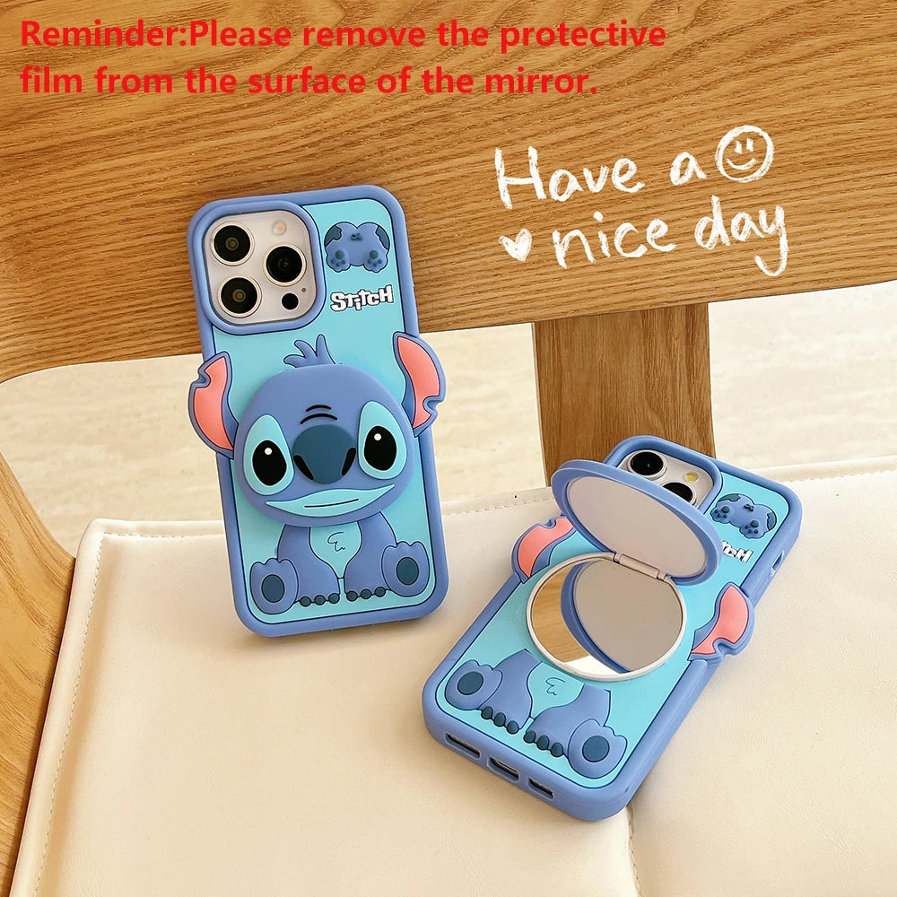 Funny Cartoon Stitch Soft Silicone Case with Mirror & Holder – For iPhone 11 to 16 Pro Max