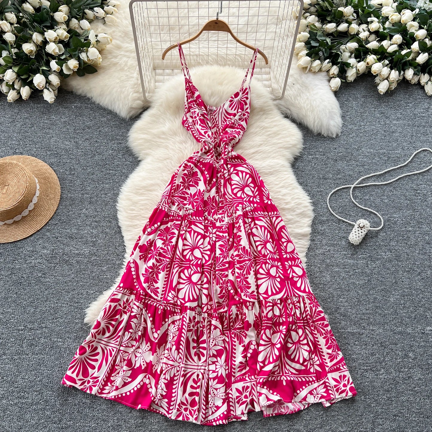 Vintage Print V-Neck Pleated Swing Dress