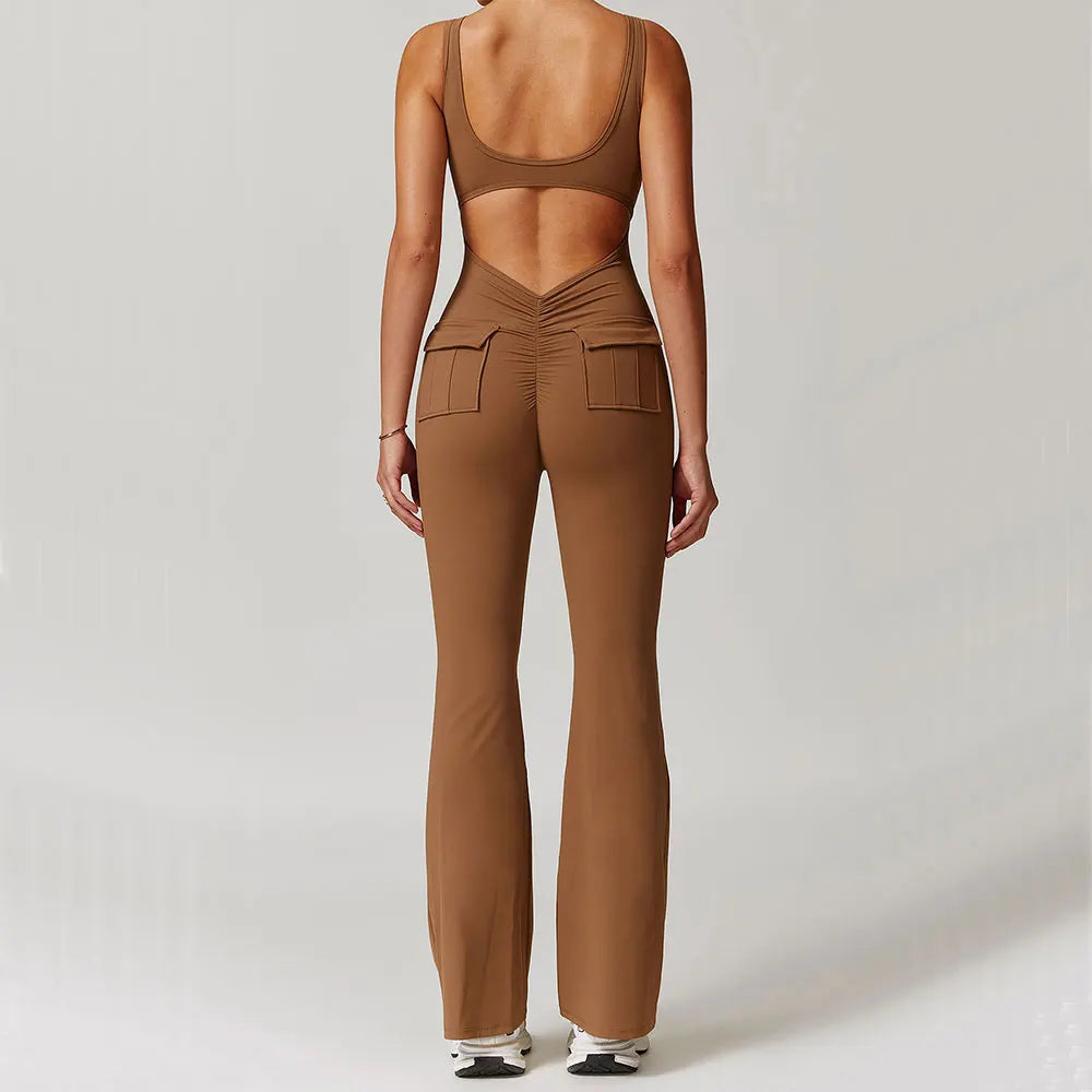 Women's V-Back Pocket Jumpsuit – Flared Leg Fitness Bodysuit