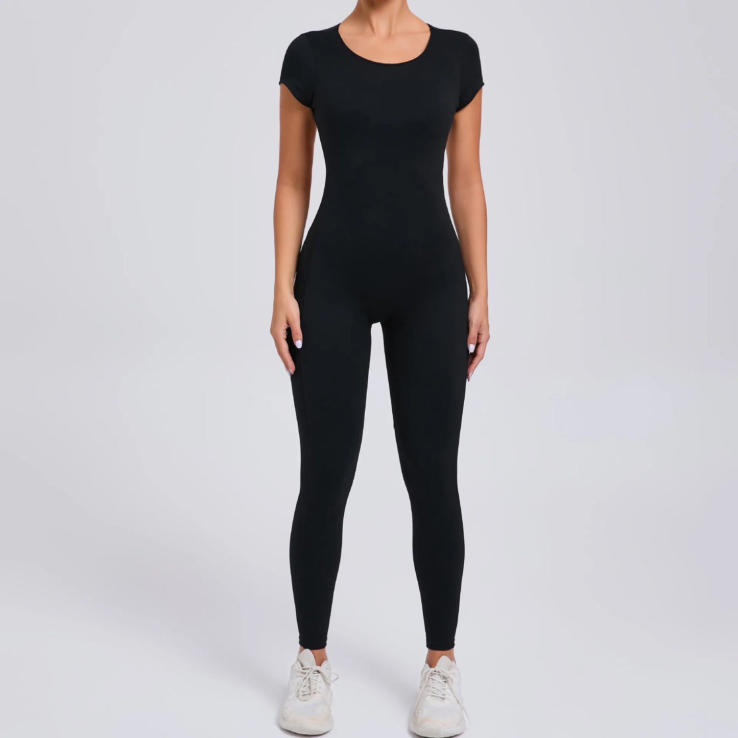 Women's Short Sleeve One-Piece Yoga Jumpsuit – Open Back Fitness Bodysuit