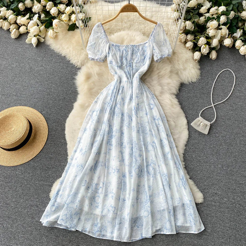 French Floral Square Neck Dress – Summer Elegance