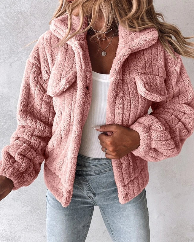 Checkered Fleece Button-Up Teddy Jacket