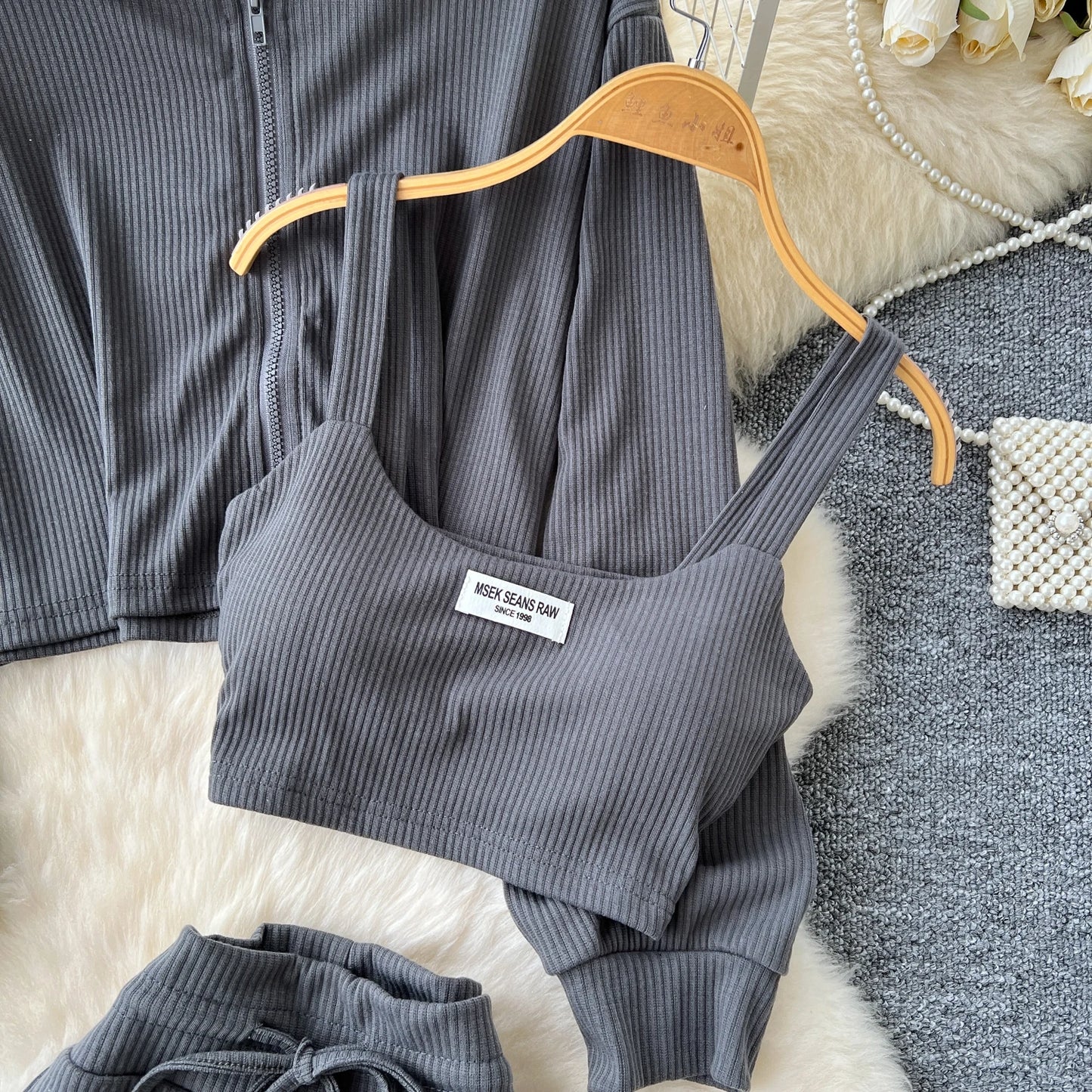 Three-Piece Set – Hoodie + Camisole + Wide Pants