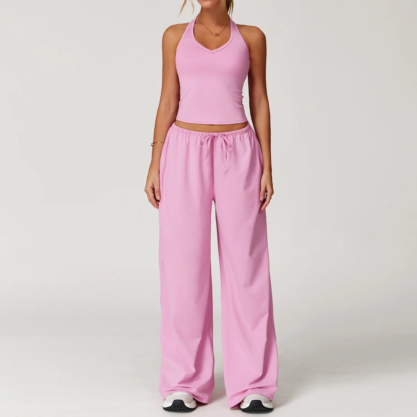 2PCS Women's Yoga Set – Strappy Top with High-Waisted Wide-Leg Pants