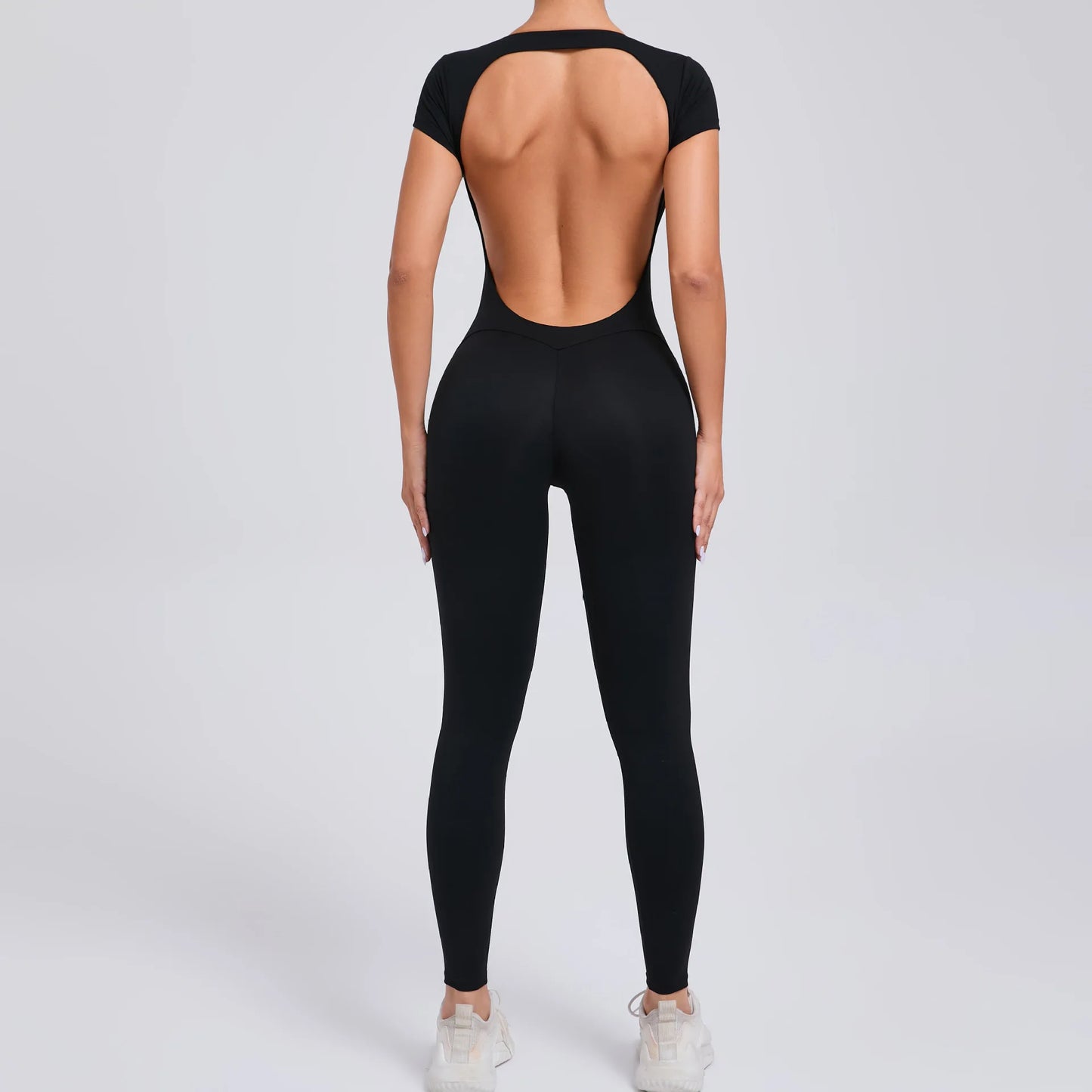 Women's Short Sleeve One-Piece Yoga Jumpsuit – Open Back Fitness Bodysuit