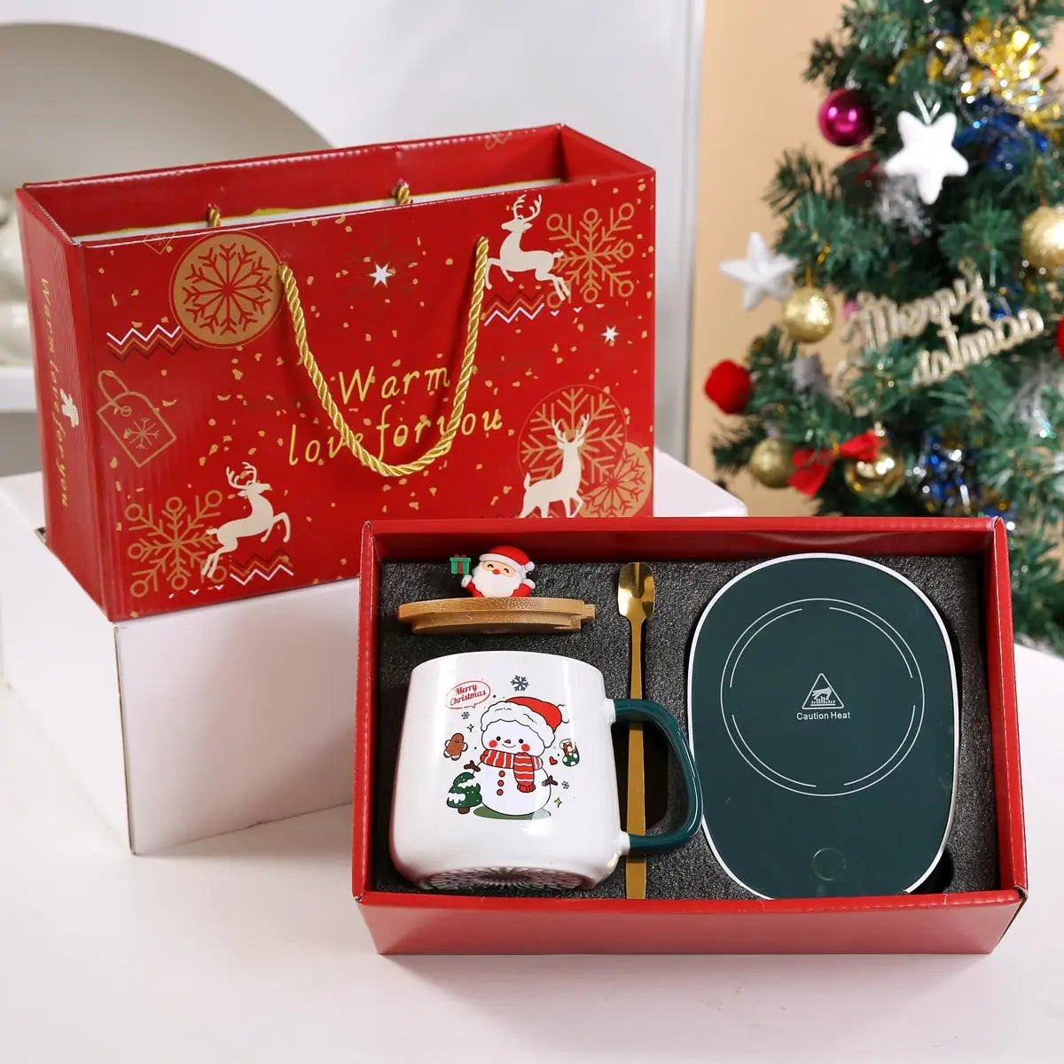 Christmas Ceramic Mug Set with Lid & Spoon – Holiday Edition