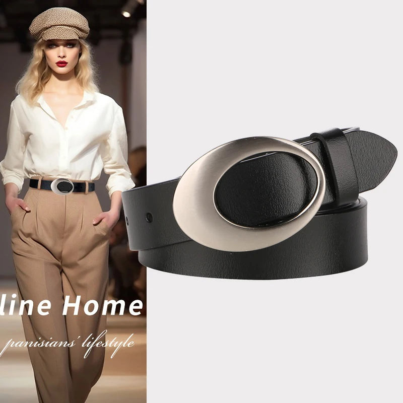 Genuine Leather Belt with Silver Buckle for Women