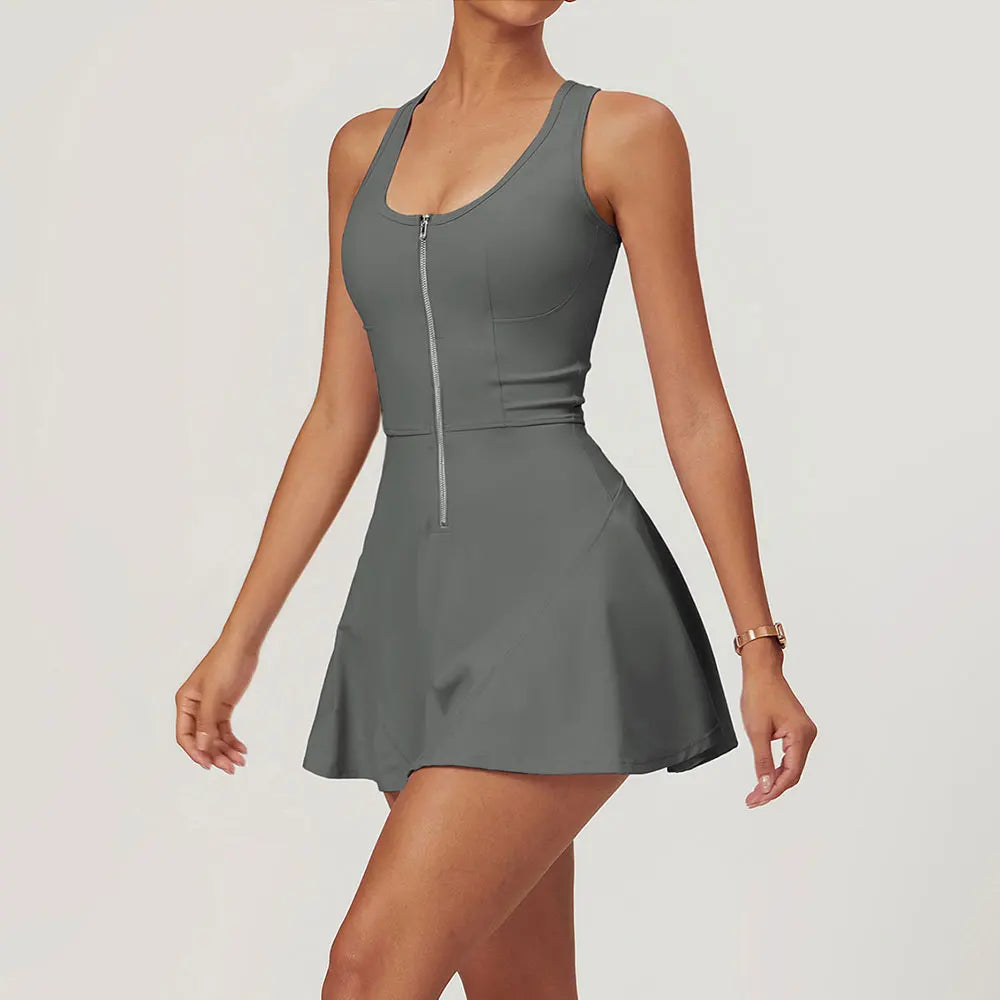 Women’s Skirt Jumpsuit Bodysuit – Zipper Front One-Piece Activewear