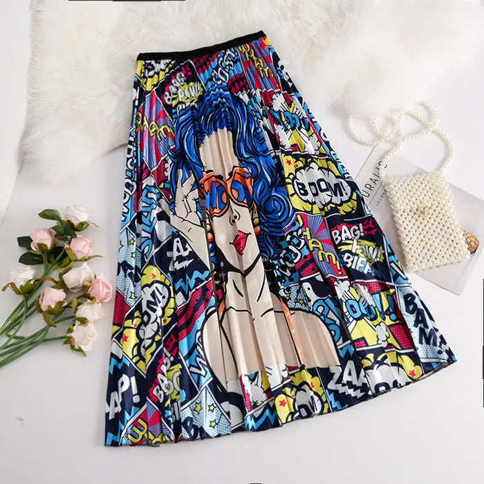 Women’s Cartoon Print Pleated Skirt – High Waist Big Swing Skirt