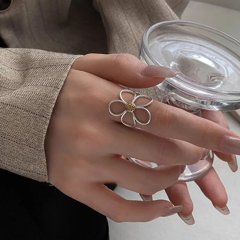 925 Sterling Silver Big Flower Adjustable Ring