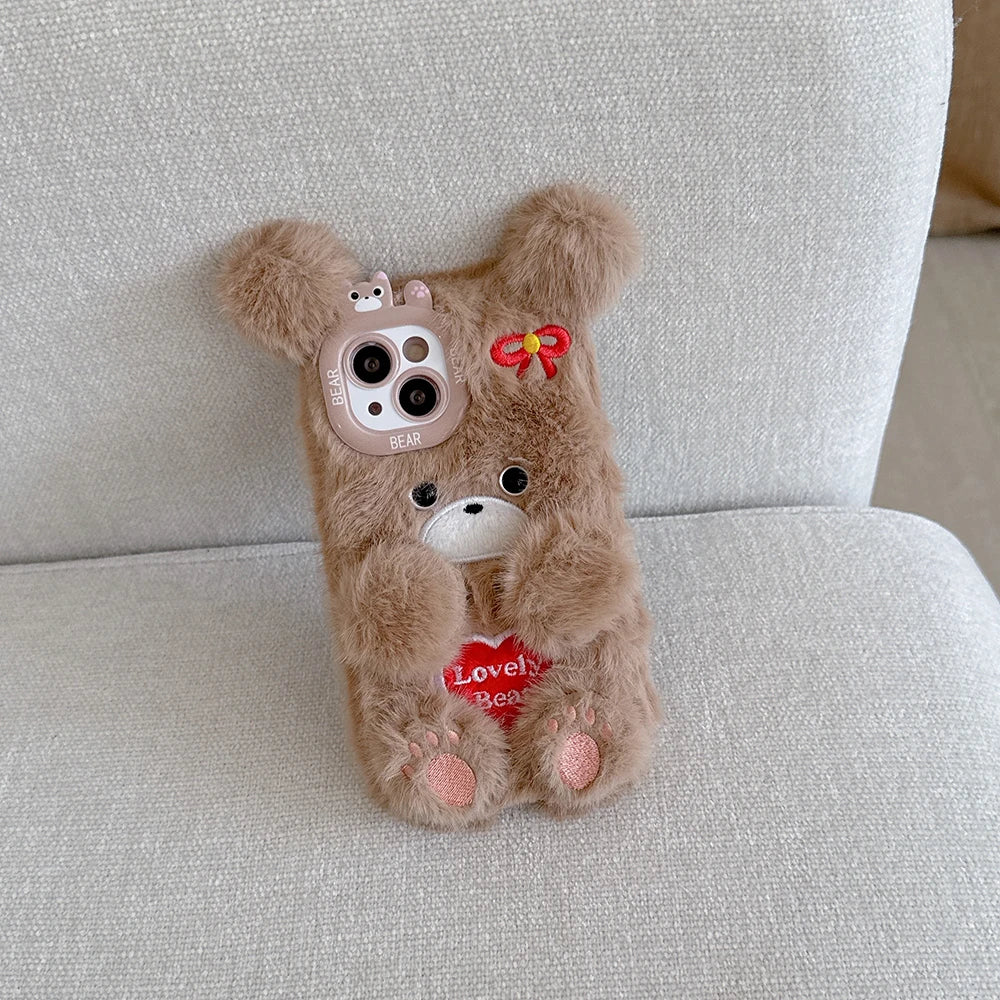 Funny Cat or Bear Furry Soft Plush Phone Case – For iPhone 11 to 16 Pro Max